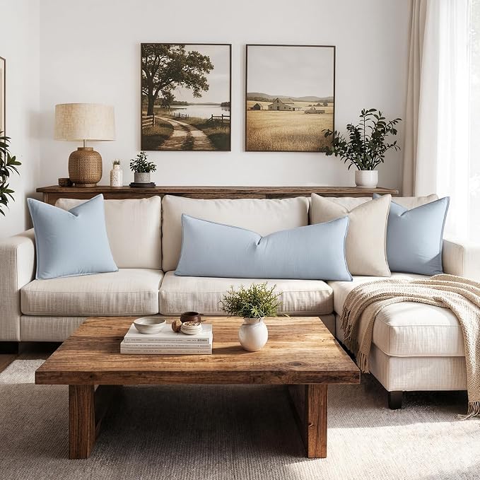 MIULEE Decorative Linen Lumbar Pillow Cover 14x36 Inch Light Blue | Boho Farmhouse Couch Long Throw Pillow for Bed, Pack of 1 Accent Coastal Modern Pillowcase, Sofa Livingroom Home Decor