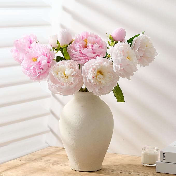 SIDUCAL Ceramic Vintage Flower Vase | 9 Inch Large Pottery Rustic Farmhouse Boho Vase for Home Decor, Table, Living Room, Bathroom, Coffee Desk, Shelf, Mantel Decoration, Wedding, White