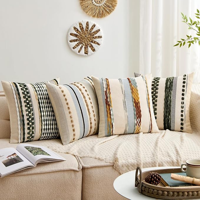 ANRODUO Boho Decorative Pillow Covers 18x18 Light Blue Stripe Pack of 1 | Throw Pillow Covers, Farmhouse Cushion Case, Chenille Pillow Cases, Pillow Covers, Accent Neutral Pillowcase for Sofa Couch
