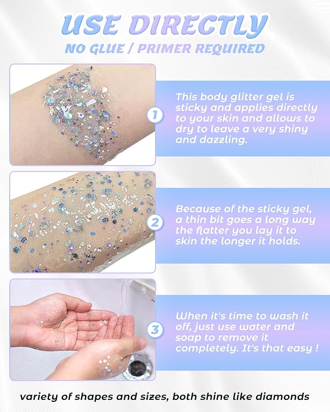 6PCS Silver Face Body Glitter Gel，Holographic Chunky Sequins Body Glitter Paint for Party Singer Concerts Music Festival Rave Accessories for Girls Women Face Body DIY Sparkling Makeup