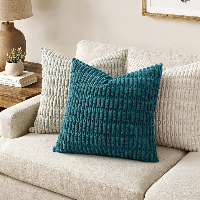 MIULEE Euro Sham Corduroy Decorative Throw Pillow Covers 24x24 Teal | Pack of 2 Soft Boho Striped Pillow Covers Modern Farmhouse Coastal Home Decor For Sofa Living Room Couch Bed