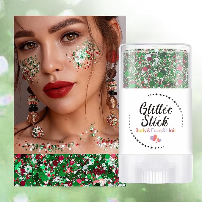 Body Glitter Stick, Holographic Sequins Christmas Hair & Face Glitter Makeup Neon Outfit Music Rave Festival Party Accessori. (Red & White & Green)