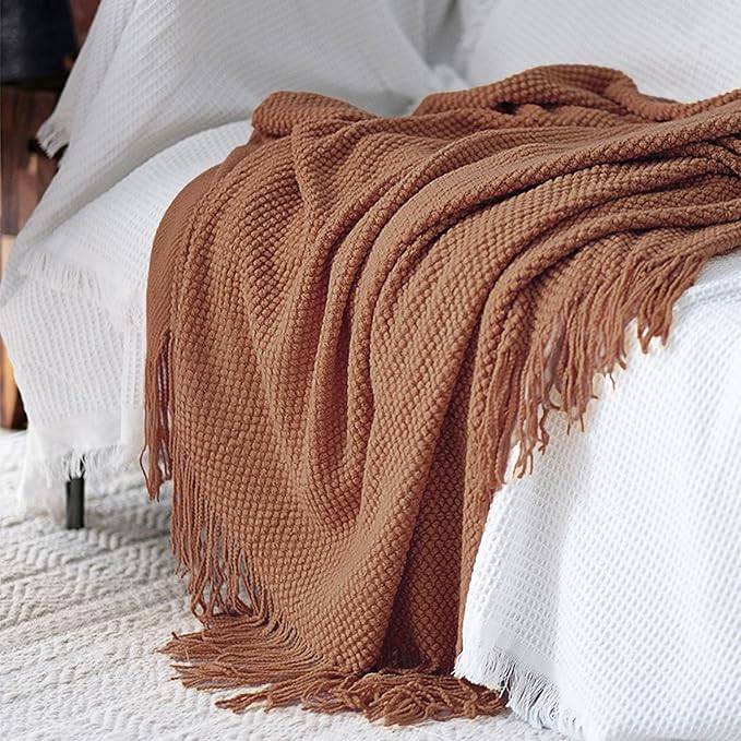 LOMAO Knitted Throw Blanket with Tassels Bubble Textured Lightweight Throws for Couch Cover Home Decor (Caramel, 50x60)