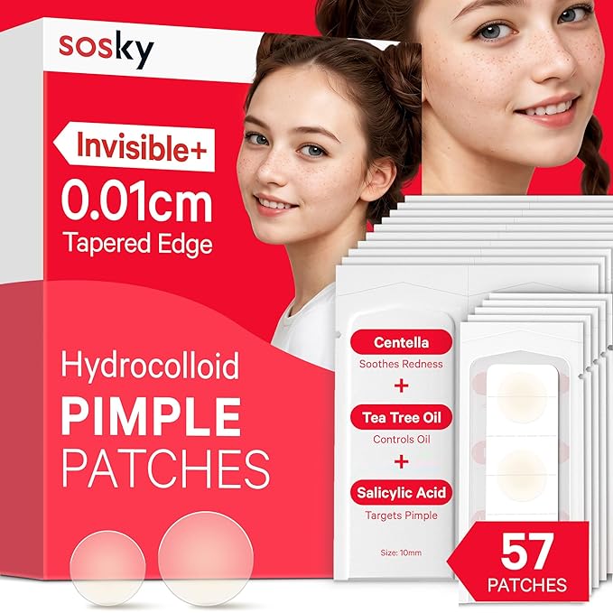 Sosky Pimple Patches for Face, FSA Eligible Invisible Hydrocolloid Acne Patches, Zit Sticker for Face and Skin, Pimple Sticker for Covering Zits, Blemishes with Salicylic Acid 57 Count