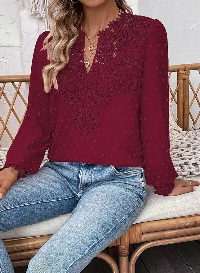 Womens Tops Swiss Dot Boho Long Sleeve Shirts V Neck Casual Chiffon Blouses Flowy Lace Hem Cute Clothing Trendy 2026