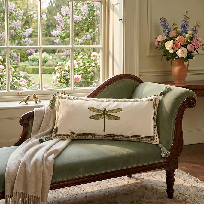 Designer Vintage French Velvet Throw Pillow Cover,28"x12"-Grace C | Pillow Cover,Concealed Zipper Design,Dragonfly Pattern,Sofas,Bedroom,Living Room,Lounge Chairs,All Season Home Decor