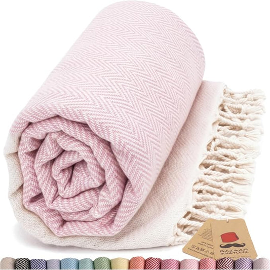 Bazaar Anatolia Turkish Beach Towel 100% Cotton Bath Towels 71x39 Quick Dry Sand Free Lightweight Large Oversized Herringbone Pink