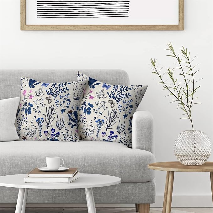 AEIOAE Summer Pillow Covers 16x16 Inch Set of 2,Navy Blue Wild Flower Plant Throw Pillows Case,Seasonal Floral Outdoor Decorative Square Linen Farmhouse Decor Cushion Covers for Home Sofa Bed Couch