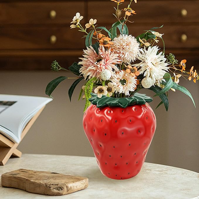 Vintage Ceramic Strawberry Vase, Red Strawberry Flower Pot Planter with Lid | Strawberry Shaped Planter Ceramic Vase for Flowers, Inspired Strawberry Decorative Vases for Home Decor