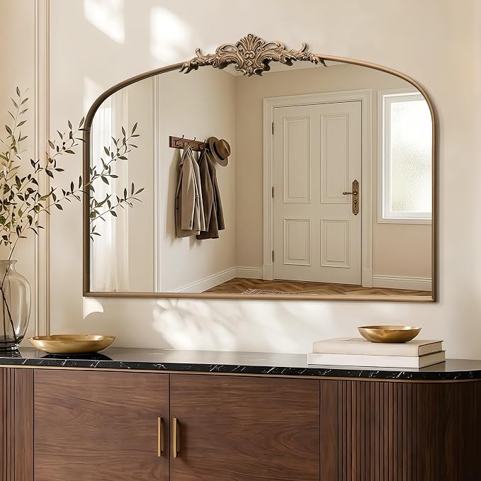 Besdomus Antique Arched Gold Mirror: 55"x36" Extra Large Brass Decorative | French Vintage Baroque Ornate Metal Frame for Home Renovation - Ideal for Double Vanity/Entryway/Fireplace Mantel/Living Room