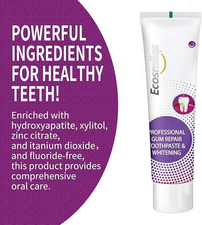 Ecosmiles Fluoride Free Gum Health & Whitening Toothpaste, for Bleeding Gums & Gingivitis, Reduces Tooth Sensitivity, Repairs Enamel & Removes Plaque, with Hydroxyapatite, SLS Free, Mint, 3.52 oz