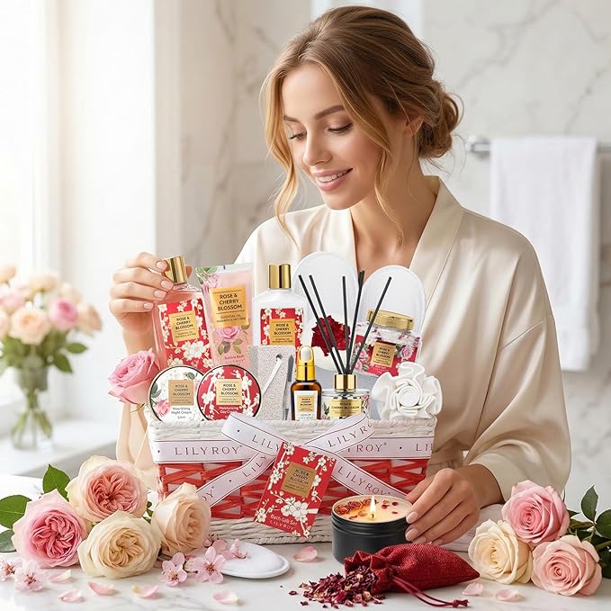 17Pcs Mothers Day Gift Basket, Gifts for Women - Rose Bath and Body Spa Gift Basket for Women, Skin Care Set for Women | Relaxing Care Kit for Christmas, Birthday, Valentines Day, Anniversary Gifts