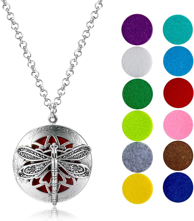 Wild Essentials Dragonfly Diffuser Necklace Kit – Nickel Free Alloy Hinged Locket Pendant, 12 Color Pads (17mm) – Includes Inner Calm & Relax Blends (2 x 10ml) – USA Made Oils – Family Company