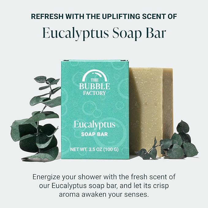 The Bubble Factory Handmade Natural Bath & Body Soap Bar, Vegan, All-Natural, Palm Oil Free, Made in USA with Shea Butter + Essential Oils, Eucalyptus, 3 Bars
