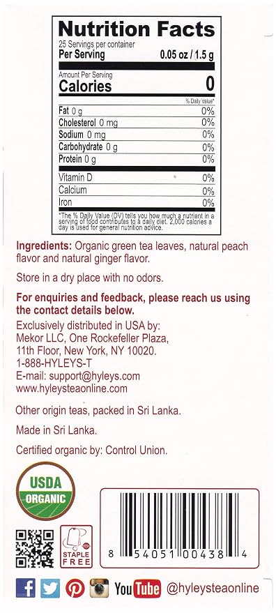 Hyleys Organic Green Tea Peach and Ginger Flavor - 25 Tea Bags (Pack of 2)