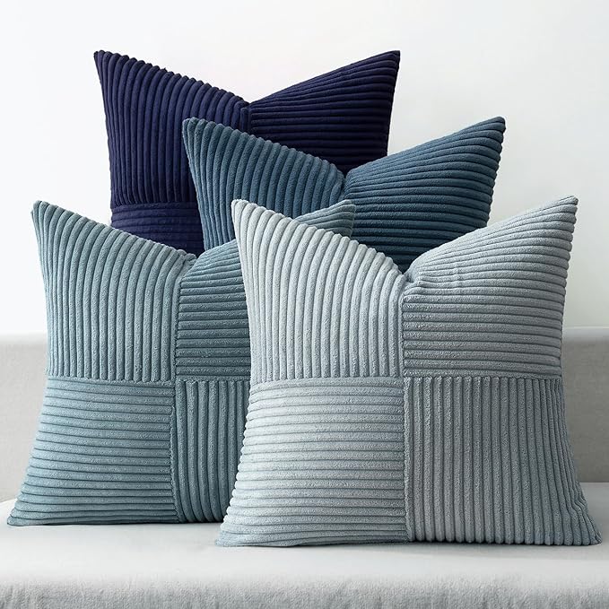 MIULEE Dusty Blue Navy Farmhouse Throw Pillow Covers 20x20 Inch Set of 4 Boho Patchwork Gradient Cushion Cases Western Modern Pillow Cases Corduroy Home Decor for Couch Sofa Living Room Bed