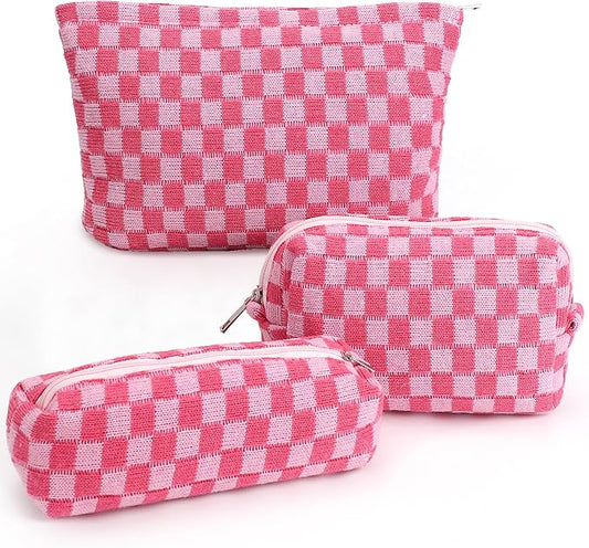 3 Pcs Makeup Bag Cosmetic Bag Set for Girls Women Checkered Travel Organizer Bathroom Toiletry Pouch Large Capacity Storage Bag (Rose-Red)