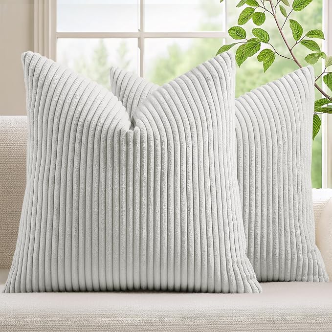Mecatny Corduroy Decorative Throw Pillow Covers 22x22 Set of 2 Grey | Soft Striped Texture, Hidden Zipper Design, Neutral Boho Square Pillow Cases for Sofa Couch Living Room Bedroom, Home Décor