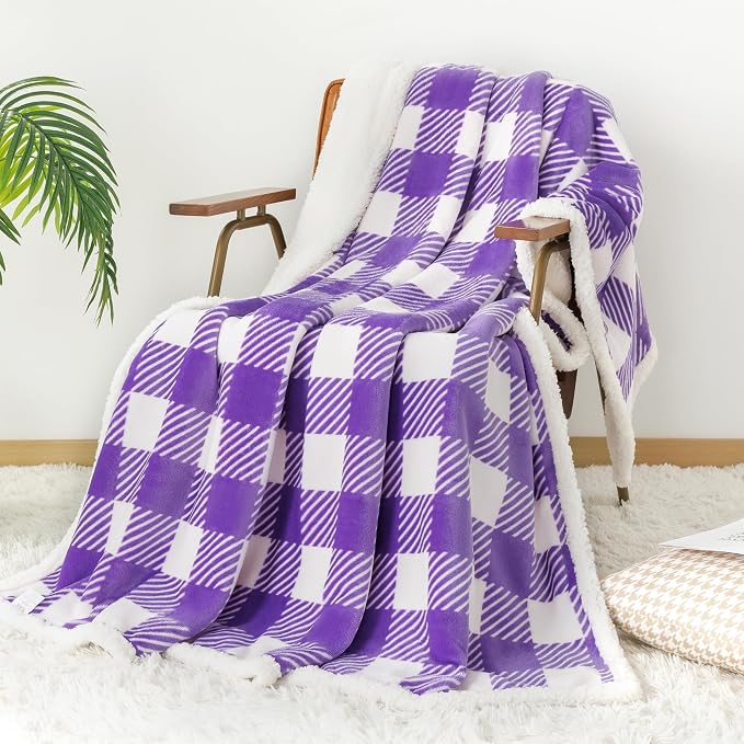 Sherpa Plaid Twin Blanket 60" X 70", Fuzzy Fluffy Soft Cozy Throw Blanket, Twin Size Plush Fleece Flannel Plush Microfiber Blanket for Couch Bed Sofa (PurpleWhite)