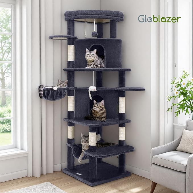 Globlazer 66in Corner Cat Tree Tower for Indoor Large Cats, C66, Dark Grey | Space-Saving Stable Adult Cat Tower with 6 Scratching Posts, 2 Large Fan-shaped Condos & Top Perch, Hammock, Climbing Steps