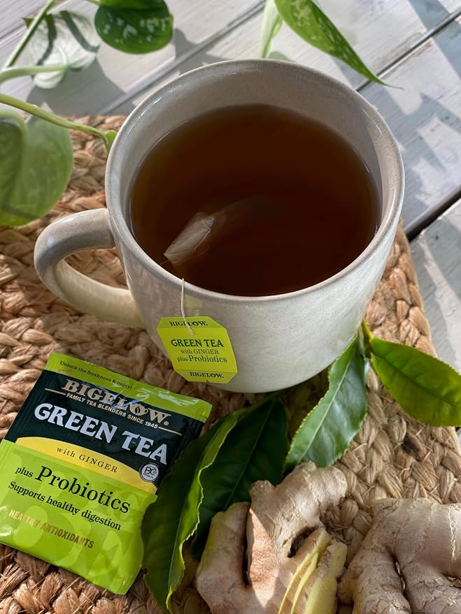 Bigelow Tea Green Tea with Ginger Plus Probiotics, Caffeinated, 18 Count, (Pack of 1), 18 Total Tea Bags