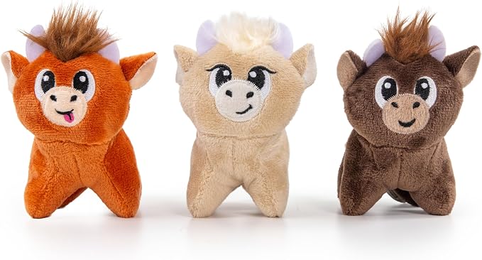 Outward Hound Squeakin’ Cows Dog Toy, Plush Highland Cow with Squeaker, Hide-A-Cow Replacement, Puppies & Small Dogs, 4.3”, 3-Pack