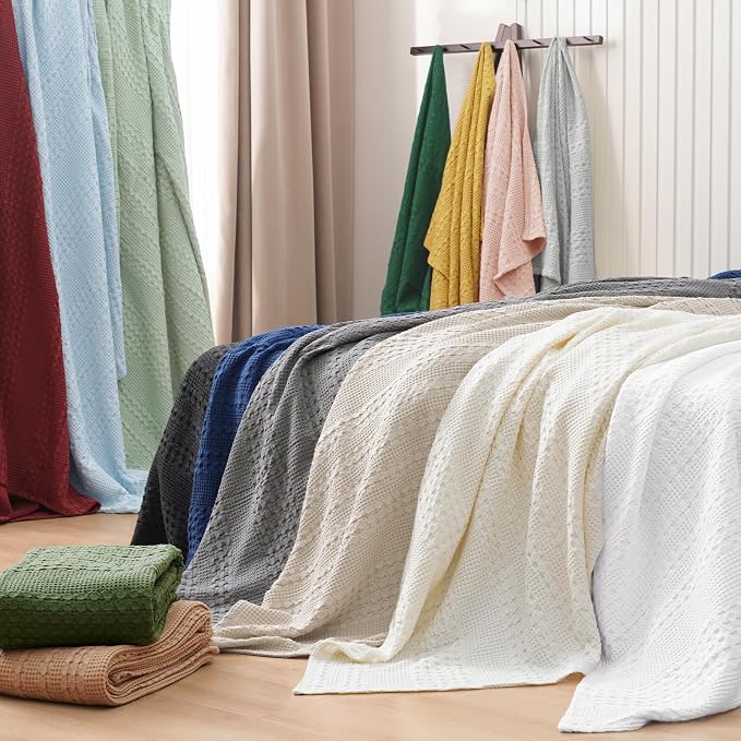 PHF 100% Cotton Waffle Weave Blanket King Size, Lightweight Breathable Summer Blanket for Hot Sleepers, Pre-Washed Soft Layer for Bed, Couch, Home Decor Gift, 108"x90", Light Grey