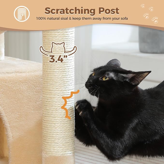 PEQULTI 4-in-1 Cat Tree for Kittens & Small Cats, 33in Beige Tower | Compact 33in cat tower: deep hammock, cozy condo, top perch, sisal post; removable washable cover; wide base for small cats