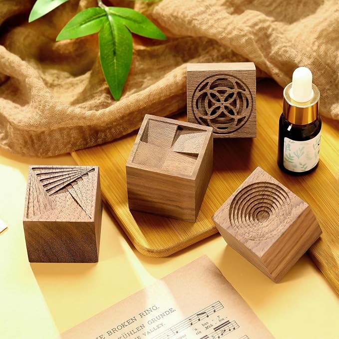 Leinuosen 4 Pcs Wooden Essential Oil Diffuser Square Diffuser Wooden Grain Portable Air Freshener for Car Aromatherapy Home Offices Yoga Sauna Rooms Spa Centers