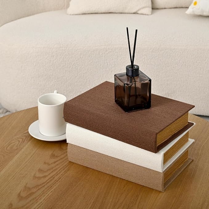 DECOR4SEASON Modern Linen and Wood Decorative Book Boxes, Set of 3 Earthy Neutral Faux Books for Bookshelf Decor, Coffee Table Storage Trays for Remotes & Jewelry, Brown, Taupe, and Off-White
