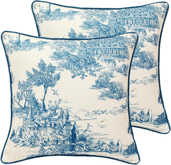 patdrea French Vintage Linen Throw Pillow Cover,18"x18",Set of 2-Lucerne A | Decorative Pillow Case,Chinoiserie Blue and WhitePillow Cover for Couch Living Room Bedroom Sofa