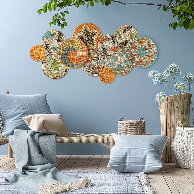 Tatuo 11 Pcs Boho Wall Basket Decor Bulrush Woven Wall Hanging Art Round Farmhouse Rustic Handmade Wicker for Summer Home, Bedroom, Living Room, Kitchen Decorations, Multi Sizes(Farmhouse)