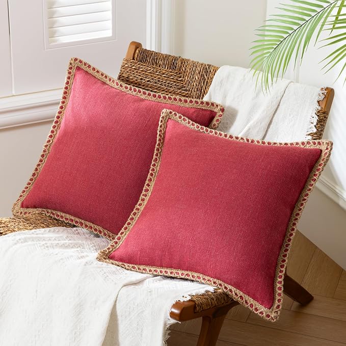 Phantoscope Pack of 2 Farmhouse Decorative Solid Throw Decorative Pillow Cover Burlap Linen Pillow Covers Trimmed Tailored Edges Red 20 x 20 inches, 50 x 50 cm