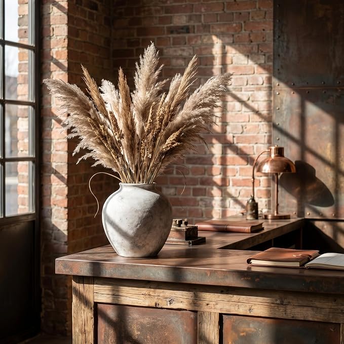 Lvases Aged Stone Rustic Ceramic Farmhouse Home Decor Dried Flower Vase | 8.3in large stone white limestone finish, mediterranean tuscan aged cement look, rustic table living room decorative vase