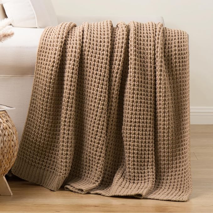 Beige Throw Blanket for Couch, Tan Waffle Knitted Throw Blankets 50"x60" | Farmhouse Throw Blanket for Home Decor, Neutral Knitted Beige Blanket, Decorative Soft Chunky Chenille Throw for Bed Sofa
