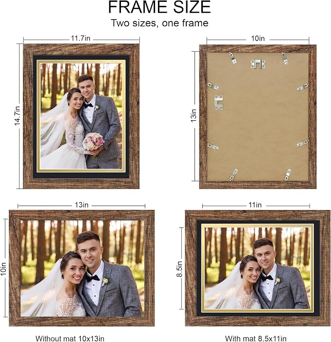 Hongkee 10x13 Picture Frame Set of 4, Made of Real Glass and Rustic Brown Frame, 10 by 13 Photo for Wall or Tabletop - Display Picture 8.5x11 with Mat or 10x13 Without Mat