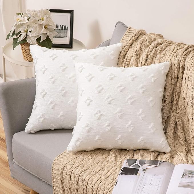 Pack of 2 Flower Tufted Throw Pillows Embroidered Flowers 3 Size and Color Options Come with Inserts (White, 20"x20" with Insert)