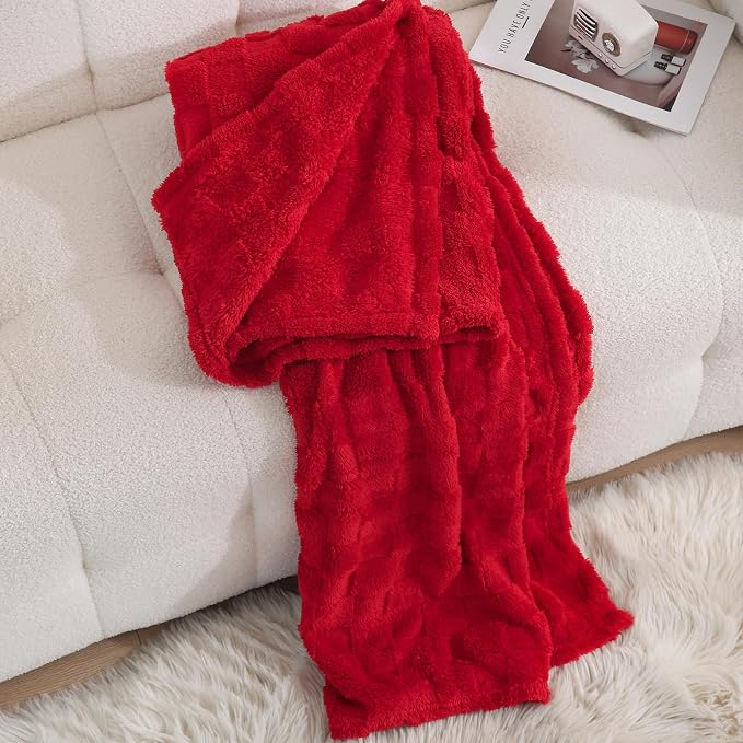 Red Fleece Throw Blanket 90”×90”Checkered Design for Couch Sofa | Super Soft Cozy Plush Microfiber 3D Square Pattern Flannel Blanket for Bed Lightweight for Adults,Women