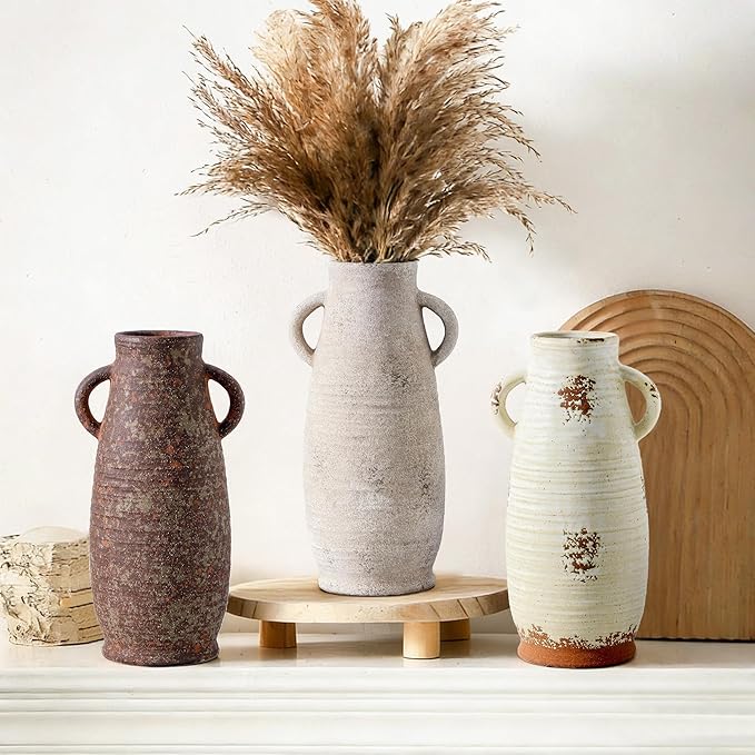 Ceramic Rustic Vase, 12.3 Inch Farmhouse Decorative Flower Vase for Home Decor, Rusty Vase for Living Room Bedroom Kitchen Office Decor Centerpiece Table Decorations