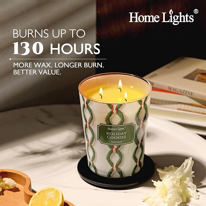 HomeLights Holiday Cookies Scented Candles | 34oz Soy Candles Rustic Modern 3-Wick Large Candle Jars | Ideal Candle Gifts for Events, Home Decor Stress, Relief & Relaxation