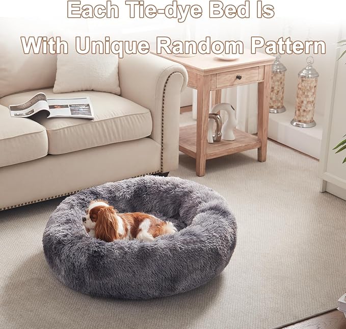 30 in Faux Fur Fluffy Donut Dog Bed for Medium Dogs,Tie-dye Grey | Calming Plush Round Pet Bed with Removable & Washable Cover,Fits up to 45 lbs Pets