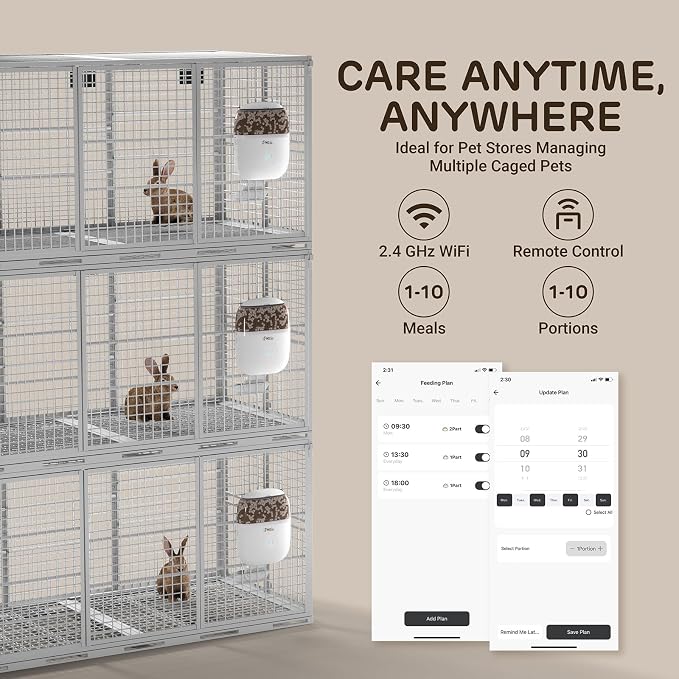 iPettie Smart WiFi Hanging Cage Feeder, Remote & Portion Control, 62oz | WiFi APP Control, Timed Feeding, Compatible with 5-30mm Dry Food, Ideal for Rabbits, Cats, Dogs, Hamsters, and Pet Stores