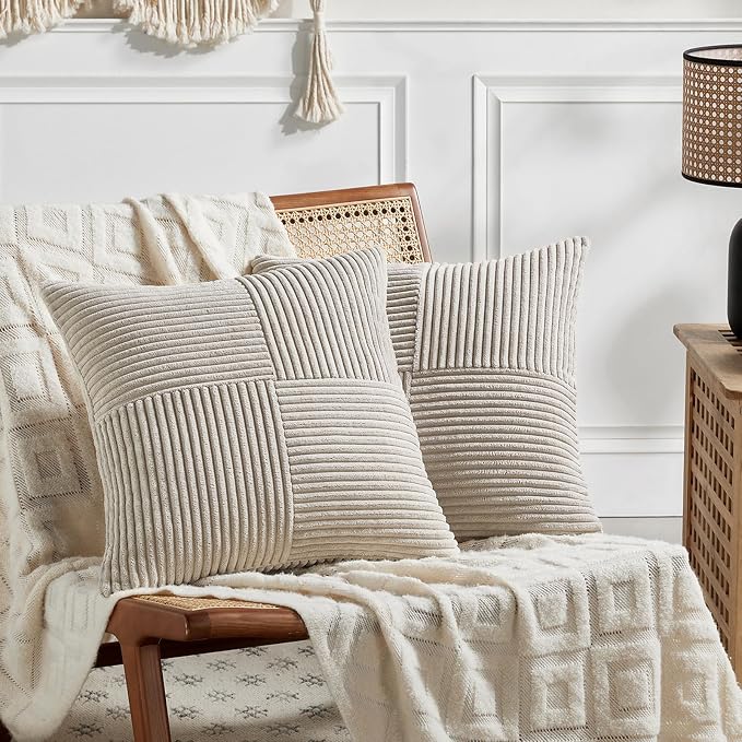 Fancy Homi Neutral Taupe Decorative Throw Pillow Covers 18x18 Inch for Living Room Couch Sofa, Rustic Farmhouse Boho Home Decor, Soft Corss Corduroy Patchwork Textured Square Cushion Case 45cm
