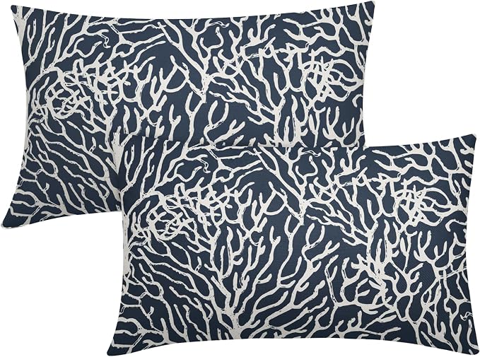 Nautical Coastal Coral Lumbar Pillow Covers 12x20 Inch Set of 2 Summer Ocean Beach Navy Blue Decorative Pillow Cases Outdoor Linen Cushion Cover Farmhouse Decor for Bedroom Home Sofa Couch Bed