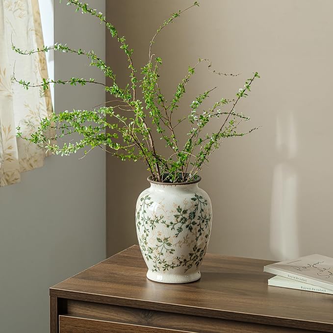 Ceramic Flower Vase for Home Decor, Vintage Green Decorative Vase 8 Inch | Rustic Farmhouse Floral Vase for Wedding Centerpiece, Living Room, Kitchen, Coffee Table, Mantel, Bookshelf, Entryway