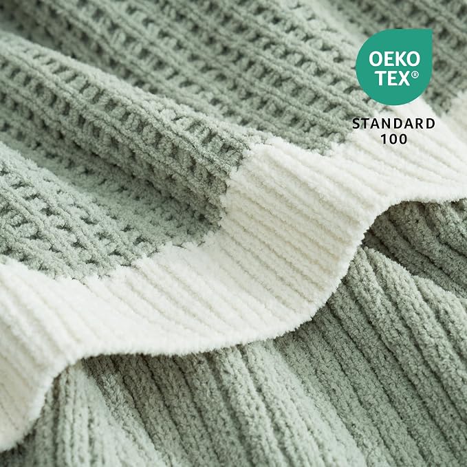Chenille Throw Blanket, Soft Cozy Waffle Throw for Couch & Sofa, Warm Yet Lightweight, Breathable All-Season Throws for Women Men, Housewarming, Birthdays, 50"x60", Green