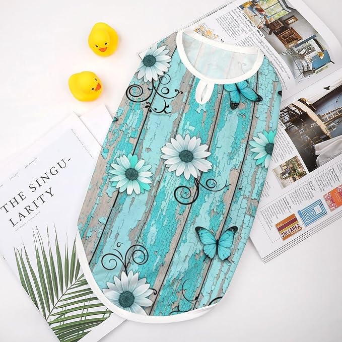 Cute Cat Shirt Soft Breathable Clothes Dog Tank Tops for Small Large Pet Rustic Teal Turquoise Daisy
