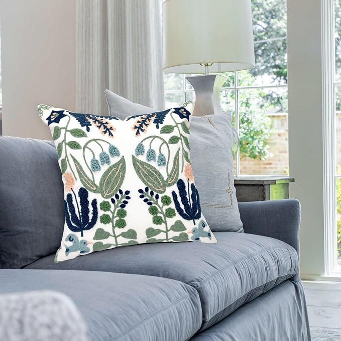 Alysheer Floral Embroidered Spring Decorative Throw Pillow Covers 20"x 20" Set of 2, Farmhouse Cottage Navy Blue Green Flowers Leaves Knit Pattern Cotton Canvas Cushion Case for Couch Bed Living Room