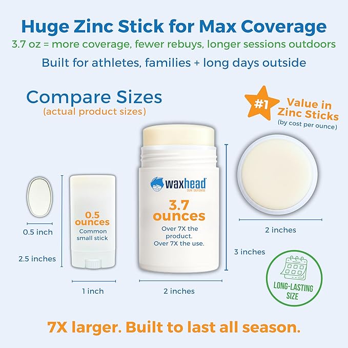 Waxhead Zinc Oxide Sunscreen Stick SPF 30 – Mineral Sunblock for Face & Body, Sport & Surf Reef Safe, Waterproof, Baby & Kids Safe for Sensitive Skin, Non-Nano Organic Tattoo Protection (White, 3.7oz)