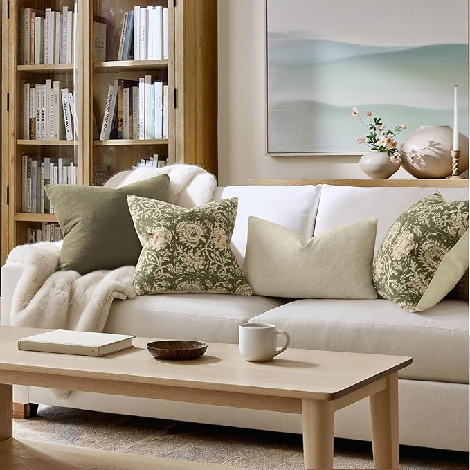 Vintage Floral Print Throw Pillow Covers 12x20 Set of 2 Neutral Modern Farmhouse Pillow Cases Accent Decorative Cushion Covers Boho Home Decor for Couch Sofa Chair Bed Living Room, Olive Green